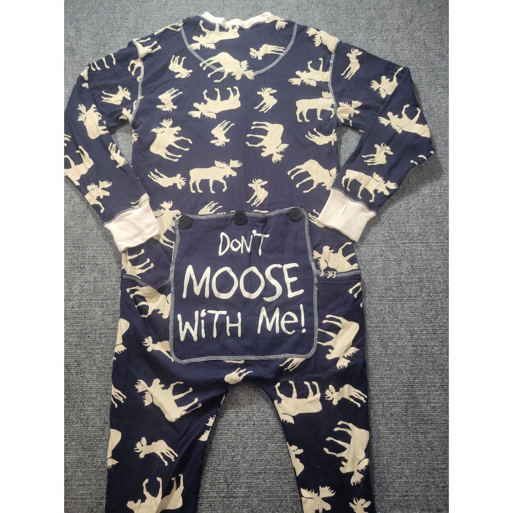 Lazy One Mens Navy Blue Moose Print Union Suit Pajamas Don't Moose With Me M